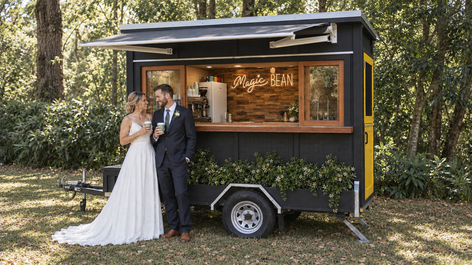 Full side view of the bespoke black Magic Bean coffee cart with timber windows and star jasmine growing across the front